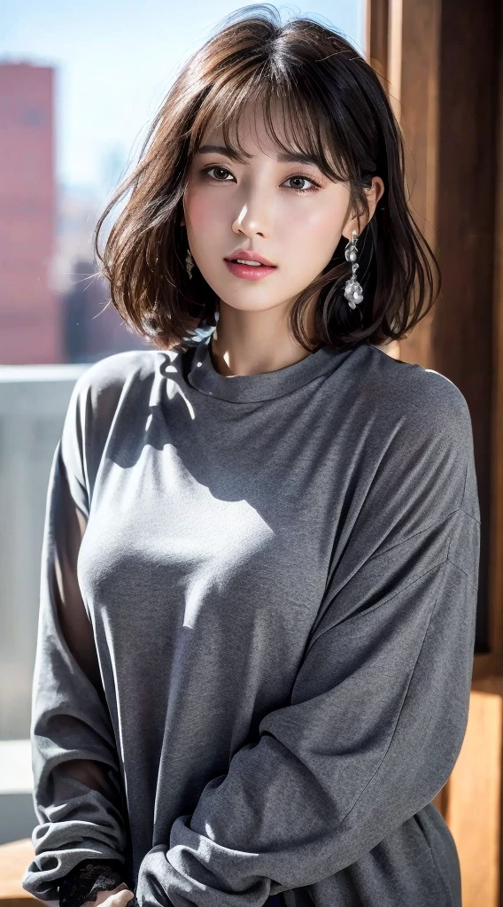 (8K, RAW photos, Top quality, Masterpiece: 1.2), Ultra detailed, Super resolution, (Real, Real photos: 1.37), sportrait, High-definition RAW color photo, Professional photos, very detailed and beautiful, Highly detailed, 8K wallpapers, Amazing details, hugefilesize, offcial art, Highly detailed CG Unity 8K wallpapers, highly detailed beautiful girl, Highly detailed faces, highly details eye, Highly detailed skin, Highly detailed fingers, very detailed nose, Highly detailed detailed mouth, Perfect anatomy, Detailed background, Detailed clothes, One girl, (20:1.2), 20s, Cute girl, Realistic body, , White skin, Radiant skin, Slim body, Black hair, Short hair, (Blunt bangs: 1.2), Cute, Youthful, Pretty face, Realistic face, Delicate eyes, The Eye of Sales, ( (Stylish winter clothes)), ((Up)) Earrings, Camera gaze, cowboy lens, frontage, Standing position, contrappost, Dynamic lighting, c-cup breasts,