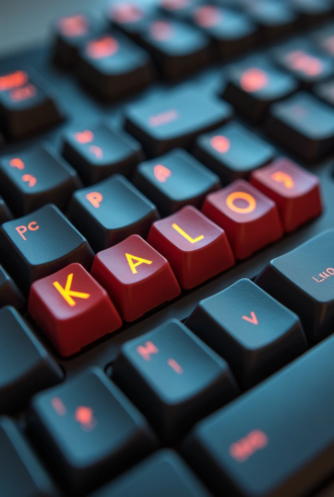 pixar style computer keyboard, on which it is written "Kaleos.p" laid out in letters, view from above