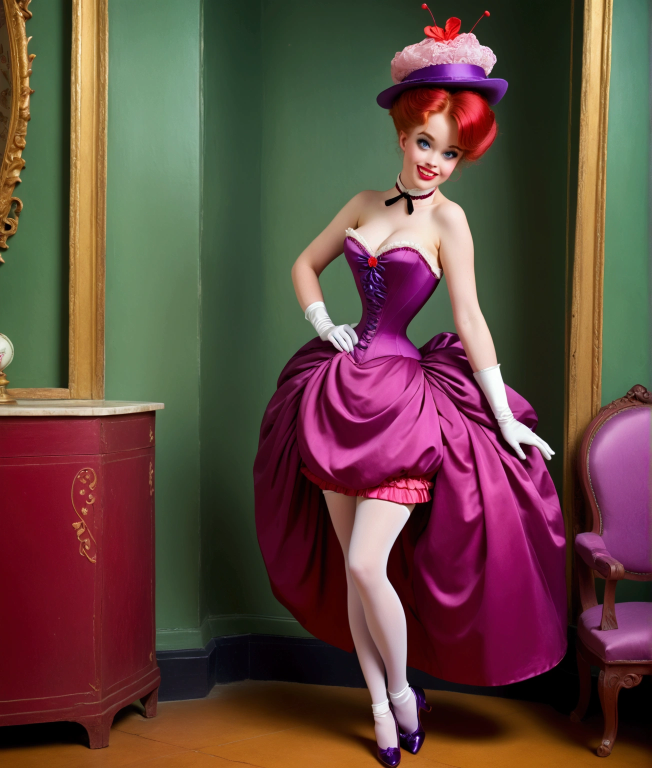 Red (cartoon character) as a hot redhead teengirl nympho seducing an old man. Year 1890. Victorian London. 1890_dress. Sleeveless strapless red dress, ornate pink hat, choker with cameo brooch, pink opera gloves, purple sash around her waist, pink knee-length skirt, petticoats, thigh-high purple stockings, white button boots. Cleavage, large breasts, wasp waist, big booty. Full body. Big blue eyes, pouty red lips, perfect white teeth, coquettish smile, biting her bottom lip.