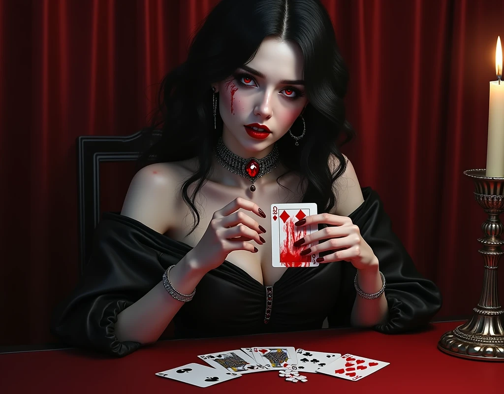 an amine art, a portrait of a vampire playing poker game of cards, holding cards ((cards not shown:1.5)) the cards are ((dripping blood: 1.3)), an exquisite beautiful vampire, dark goth vampire, dyanamic hair color, white pale skin, some blood veins are seen on the skin, red lips, red eyes, glowing eyes, wearing goth dress, silk dress, there are diamonds on the dress, earing a choker studded with a red diamond, (vampire fangs:1.5), she sits near a poker table in a dark fantasy room, there is a playing table, torch light,  vibrant, Ultra-high resolution, High Contrast, (masterpiece:1.5), highest quality, Best aesthetics), best details, best quality, highres, ultra wide angle, 16k, [ultra detailed], masterpiece, best quality, (extremely detailed: 1.5)