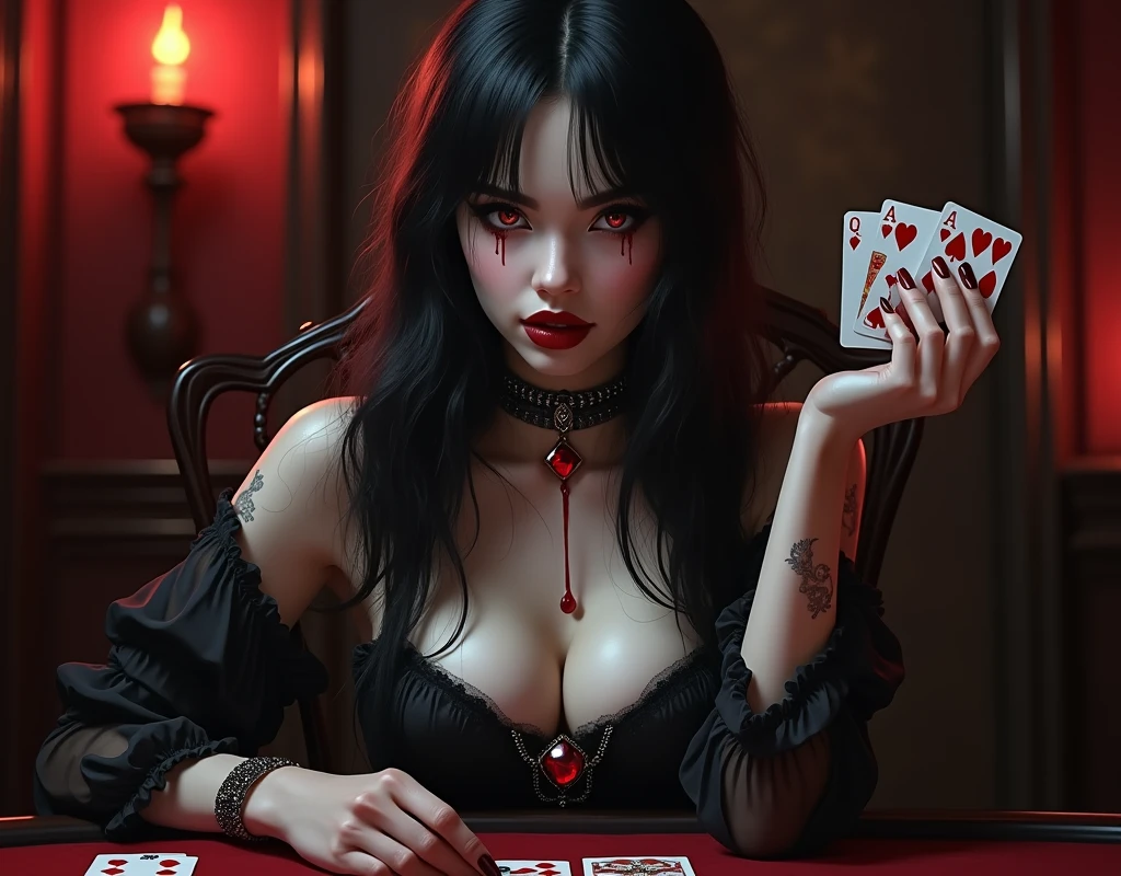 an amine art, a portrait of a vampire playing poker game of cards, holding cards ((cards not shown:1.5)) the cards are ((dripping blood: 1.3)), an exquisite beautiful vampire, dark goth vampire, dyanamic hair color, white pale skin, some blood veins are seen on the skin, red lips, red eyes, glowing eyes, wearing goth dress, silk dress, there are diamonds on the dress, earing a choker studded with a red diamond, (vampire fangs:1.5), she sits near a poker table in a dark fantasy room, there is a playing table, torch light,  vibrant, Ultra-high resolution, High Contrast, (masterpiece:1.5), highest quality, Best aesthetics), best details, best quality, highres, ultra wide angle, 16k, [ultra detailed], masterpiece, best quality, (extremely detailed: 1.5)