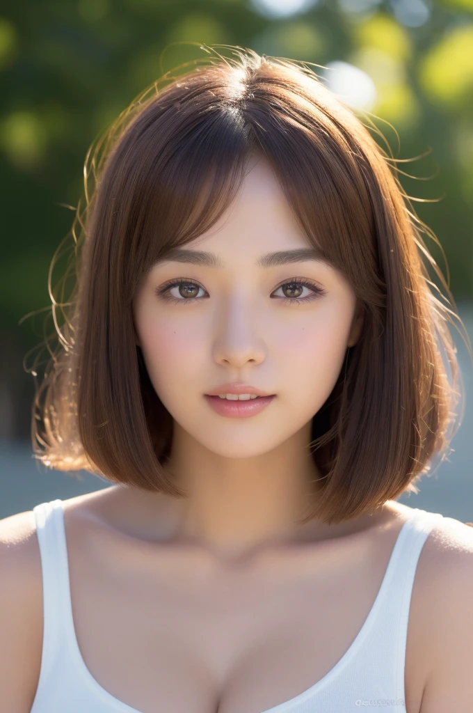 Brown-haired woman 30 years old、unclean、Lens flare、(8K、born、professional、highest quality、masterpiece:1.2)、(realistic、Photoreal:1.37)、super detailed、(best detailed skins:1.2)、(Supreme Detail Face:1.2)、movie lighting、1 female、Japanese、Short-cut brown hair、(the wind is strong)、warm white light、shy smile、Photographed from the front、((highest quality、8K、masterpiece:1.3))、beautiful woman with perfect figure:1.4、、((dark brown hair、big breasts:1.2))、Highly detailed face and skin texture、detailed eye、double eyelid、big breasts、gender Wearing a plain white round neck T-shirt Tokyo city whole photo Cafe