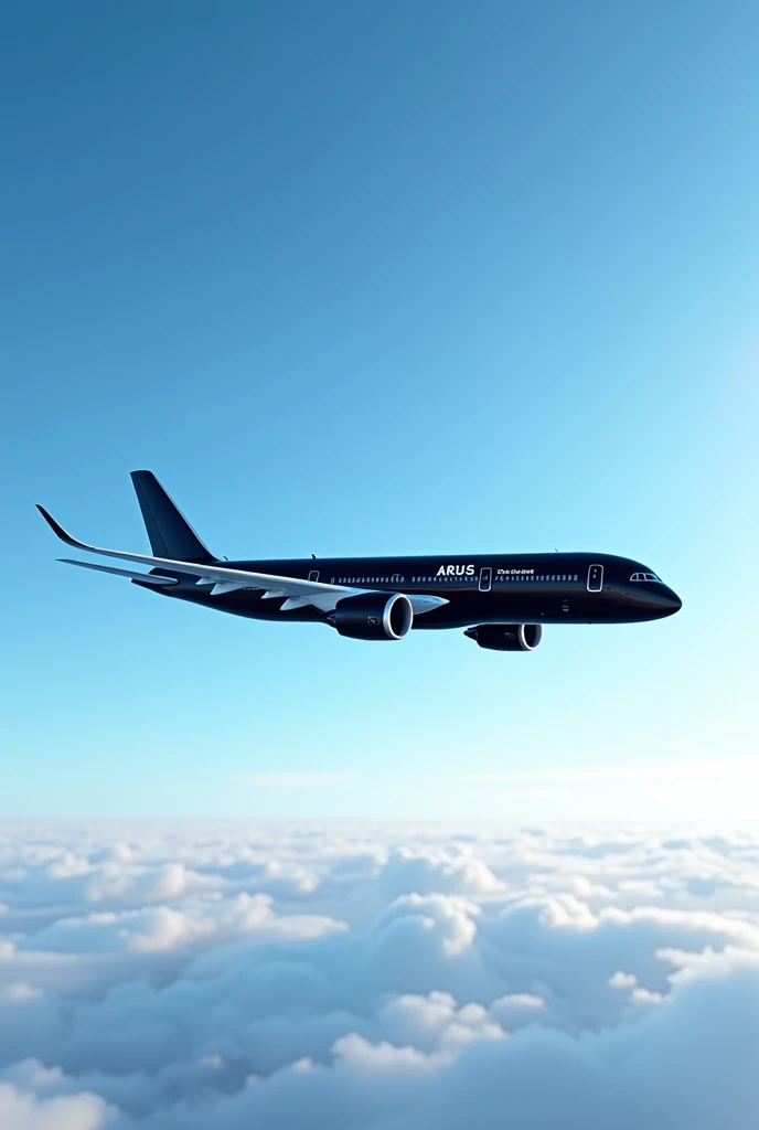 Generate an image of a black Airbus A350 in the sky with the wording PNG Student Services written on the side of the aircraft.