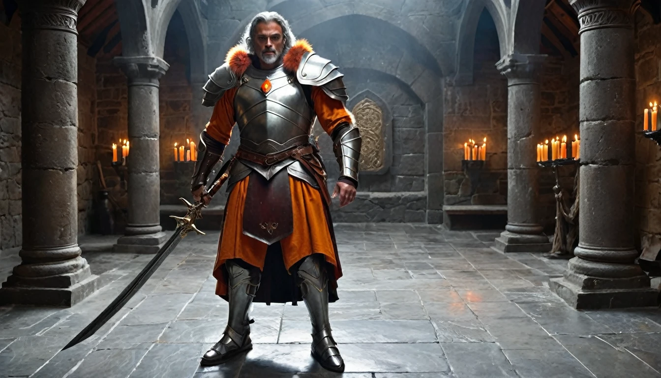 ((masterpiece, The silver armor is intricately decorated and not intended for combat.)), Inside a stone building, Stone slabs scattered on the floor, A muscular man in armor walking towards the front, dim, Gray Hair, Candles along the walls light up the room., Holding a large twisted rapier in his hand, Wearing a dull grey cloak, He wears a dirty dark red loincloth under his armor.,,The armor has three small orange gems on it., He wears a large metal ornamented in white on his shoulder.、Dark orange fur underneath the metal