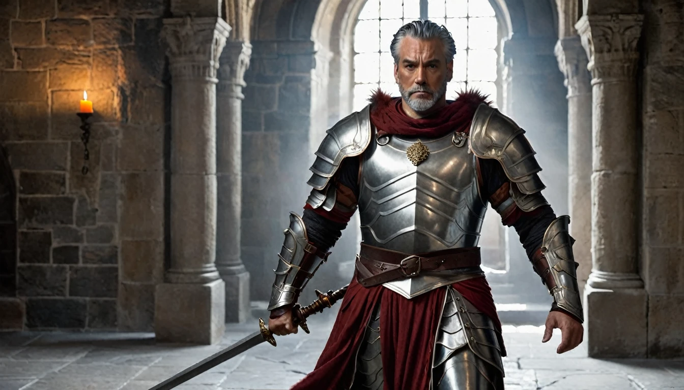 ((masterpiece, The silver armor is intricately decorated and not intended for combat.)), Inside a stone building, Stone slabs scattered on the floor, A muscular man in armor walking towards the front, dim, Gray Hair, Candles along the walls light up the room., Holding a large twisted rapier in his hand, Wearing a dull grey cloak, He wears a dirty dark red loincloth under his armor.,,The armor has three small orange gems on it., He wears a large metal ornamented in white on his shoulder.、Dark orange fur underneath the metal