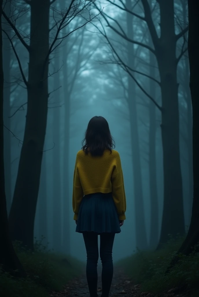 
Fille brune portant un pull jaune qui descend de ses epaules sur un habit bleu nuit un jean noir, de dos, debout dans une forêt très brumeuse la nuit ;a droite de l'image sombre
   ''Breeze'' écrit en haut de l'image (police:16)
''walfwalker'' écrit en bas de l'image (police:13)