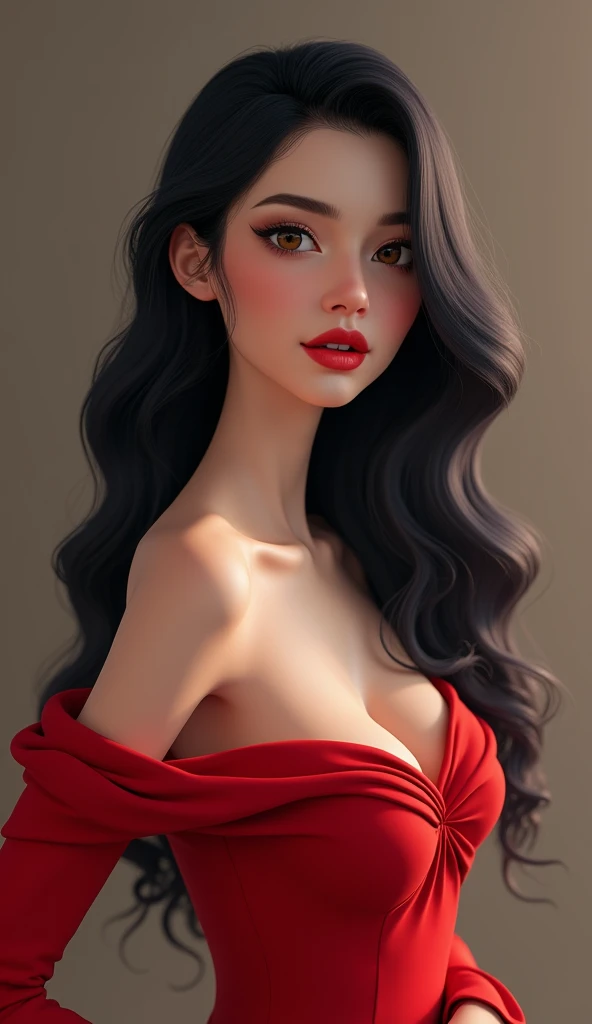 beautiful woman, sweet features,long black silk hair,hazel eyes with sensuality,very full red lips, small nose, white smooth skin,black nail polish on the fingers,sleeves joined under the chest,red dress with a low-cut chest,slim oval features,detailed,3d model,quality