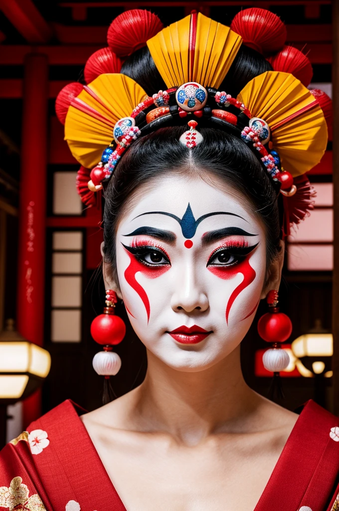 japanese kabuki、eccentric makeup、Please express the jinbaori beautifully.　In 4K