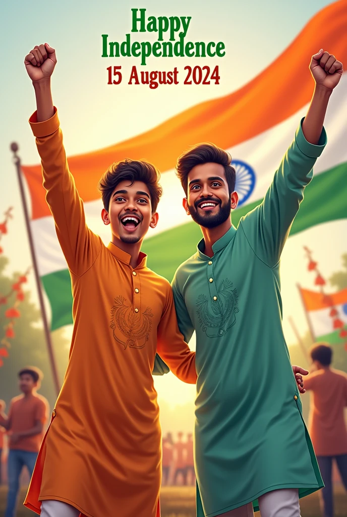 "Background indian flag "
Two Ai 20-year-old boys friends enjoy celebrates Indian Independence day ! There indian traditional shart with the name "SARIF " "JARJIS " written on "15 august 2024 " !
her attire. Above her, in the sky, the words "Happy Independence Day" are displayed in a bold font. The back !