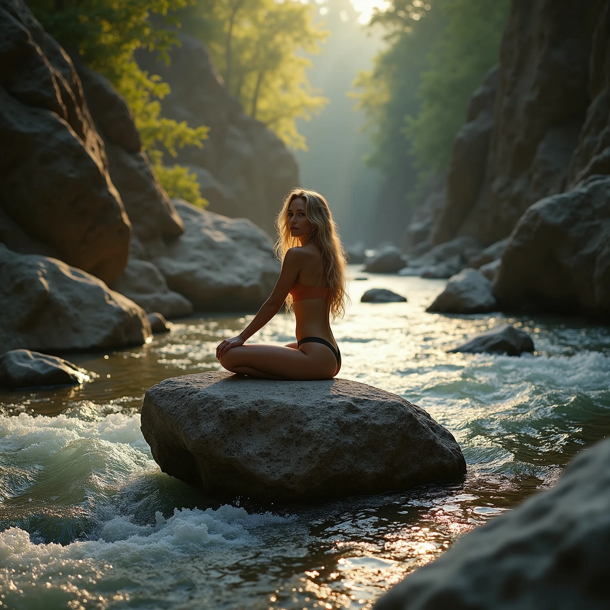 actphotography A woman with long, flowing blonde hair sits serenely on a large boulder in the middle of a river gorge. The water flows gently around the rocks, and the sun casts a warm glow on the scene. The woman is at peace with nature, her body a beautiful contrast against the rough texture of the stone.  She is a symbol of tranquility and strength, a reminder of the power of nature to both soothe and inspire. photorealistic, ultra-realistic photograph captured, high-resolution quality ,detailed face, 8k