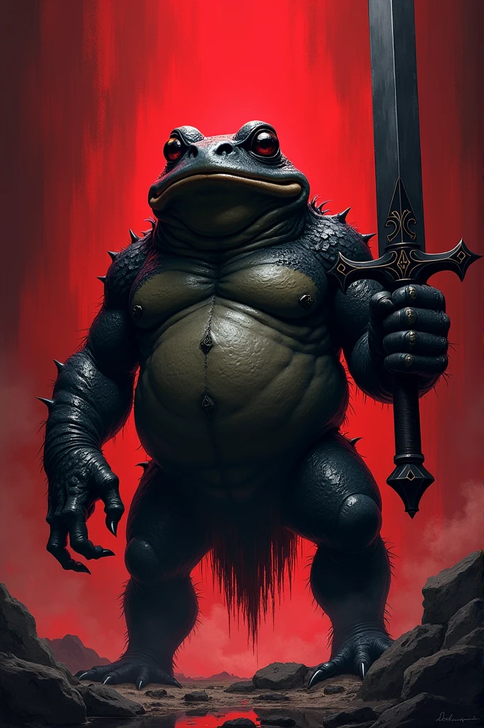 A banner of a black toad on a dark red background , the toad carries a long sword