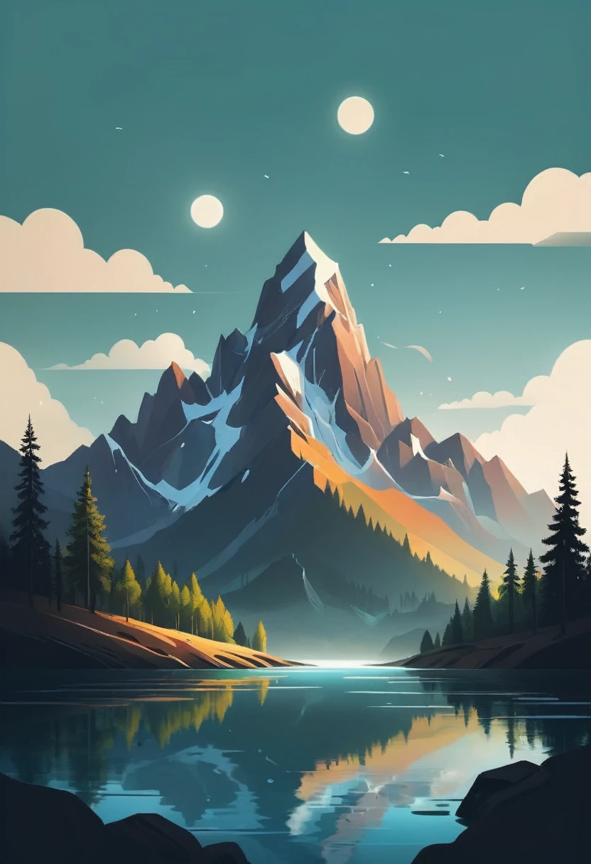 impressive painting of a mountain with trees and water, a detailed painting by Petros Afshar, shutterstock contest winner, environmental art, detailed painting, outlined art, 2d game art, isolated background for logo, strong contours, logo design