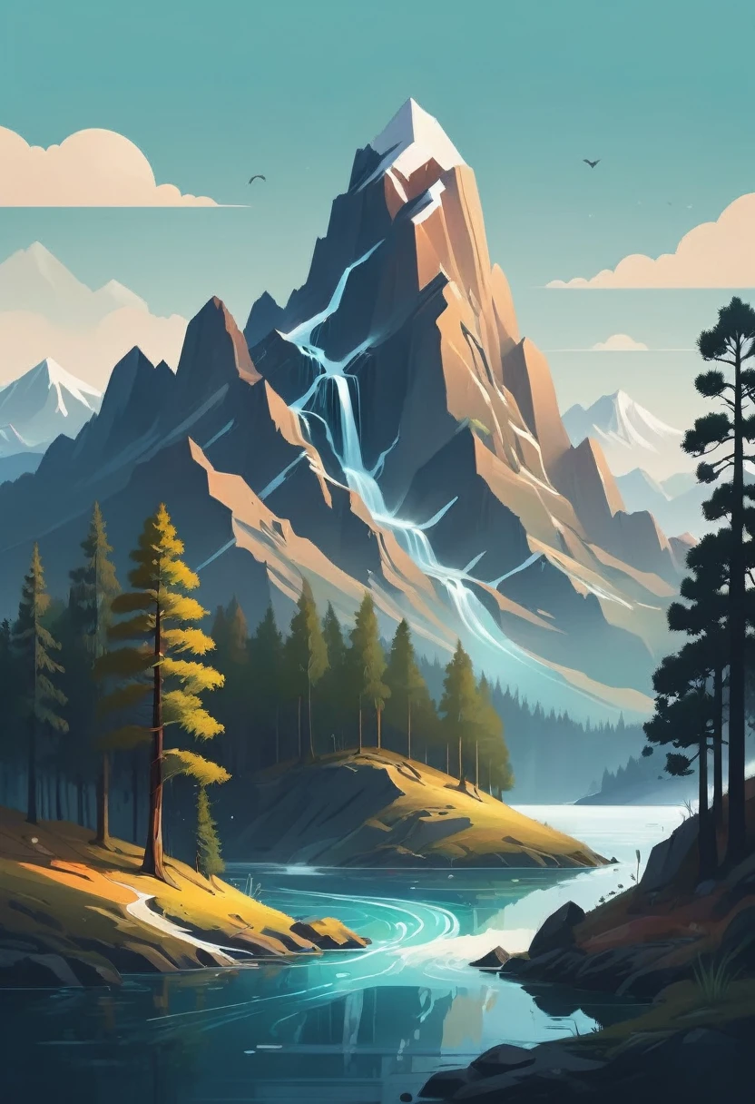 impressive painting of a mountain with trees and water, a detailed painting by Petros Afshar, shutterstock contest winner, environmental art, detailed painting, outlined art, 2d game art, isolated background for logo, strong contours, logo design
