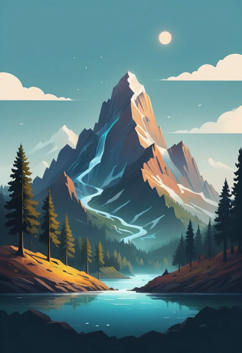 impressive painting of a mountain with trees and water, a detailed painting by Petros Afshar, shutterstock contest winner, environmental art, detailed painting, outlined art, 2d game art, isolated background for logo, strong contours, logo design