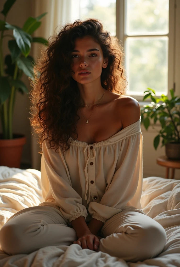 (photorealism:1.2), beautiful woman, sitting on bed, wearing loose off-shoulder top, pajama pants, long curly hair, indoors, soft lighting, plants in background, window with sunlight, cozy room, relaxed pose, realistic, intricate details, warm colors, by Greg Rutkowski, by Alphonse Mucha