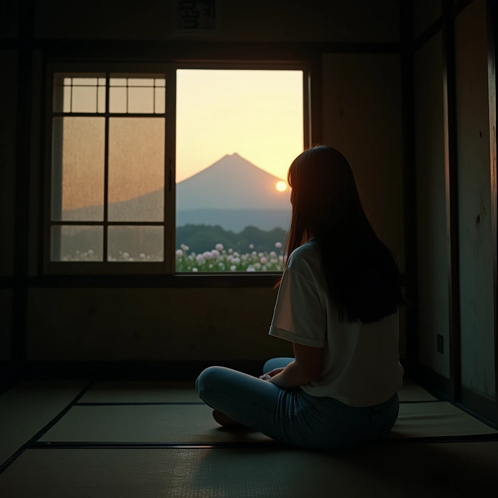This is Japan in 1970. The woman is upstairs in a dark, very small room with tatami mats., The woman is upstairs in a dark, very small room with tatami mats, and there's a Japanese woman with long, straight black hair down her back. The house is very old, the small windows are open and the light of the setting sun comes in, and the inside of the house is very dark. There is a Japanese woman with long, straight black hair down her back. She is alone. She is wearing a white T-shirt and light blue jeans. She has her back turned, she is sitting and looking at the scenery outside,Fuji and the famous flower field in the distance,Sunset, (complex detail), (complex detail, ultra detail: 1.2), cinematic shot, very realistic image quality.