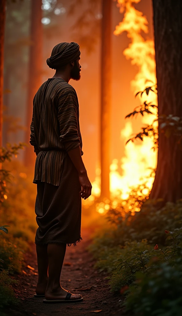 A 35-year-old man wearing a batik turban, a long-sleeve black and brown vertically striped shirt, a sarong, and traditional warrior sandals, setting fire to a dense, thick forest. The scene is dramatic and cinematic with detailed and realistic elements. The lighting is intense and dynamic, capturing the eerie and epic atmosphere of the forest burning. Hyper-detailed, 8k resolution, ultra-sharp UHD.