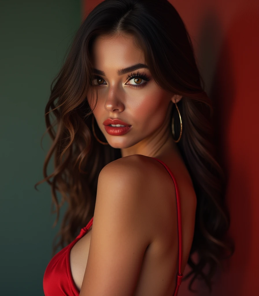 closeup portrait of a young sexy green eyed pale skin Turkish woman with beautiful red dress in a restaurant overlooking the Bosphorus in istanbul , symmetrical face, Outdoor lighting, Brooding atmosphere, sharp eyes, her face is at the center of the potrait