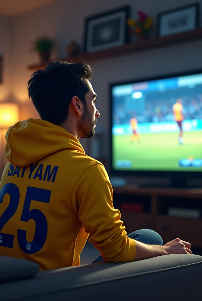 A young men watching India cricket match in television Ms dhoni , wearing yellow Colour hodie with name satyam and jearsy no 25 with side face showing