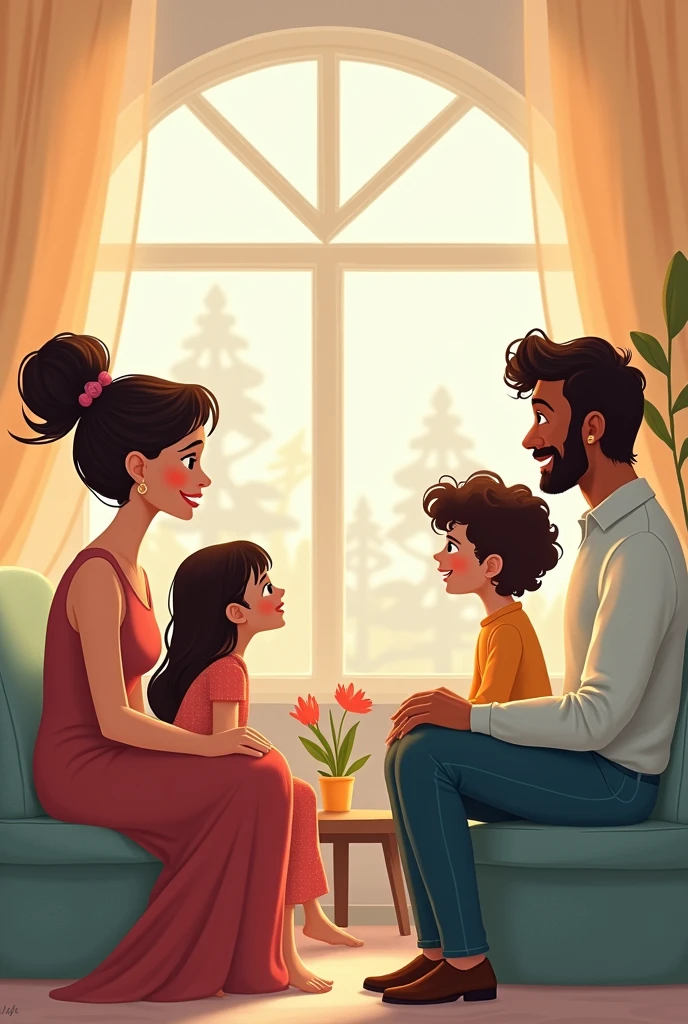 Create a mental health-themed book cover illustration, set in a modern-day family interacting with each other in a living room that shows the warmth of a family, 2500 pixels x 1600 pixels.