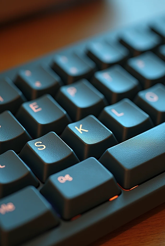 pixar style computer keyboard, on which it is written "Kaleos.p" laid out in letters, view from above