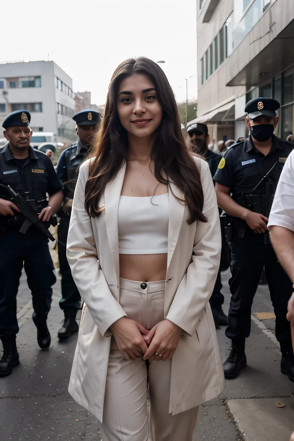 ((best quality)), ((masterpiece)), (detailed), 
A 21 year old beautiful Indian girl with long hair smiling face beautiful eyes wearing suit coat pant standing with security forces and bodyguards with her surrounded by personal bodyguards protecting her full pic 
