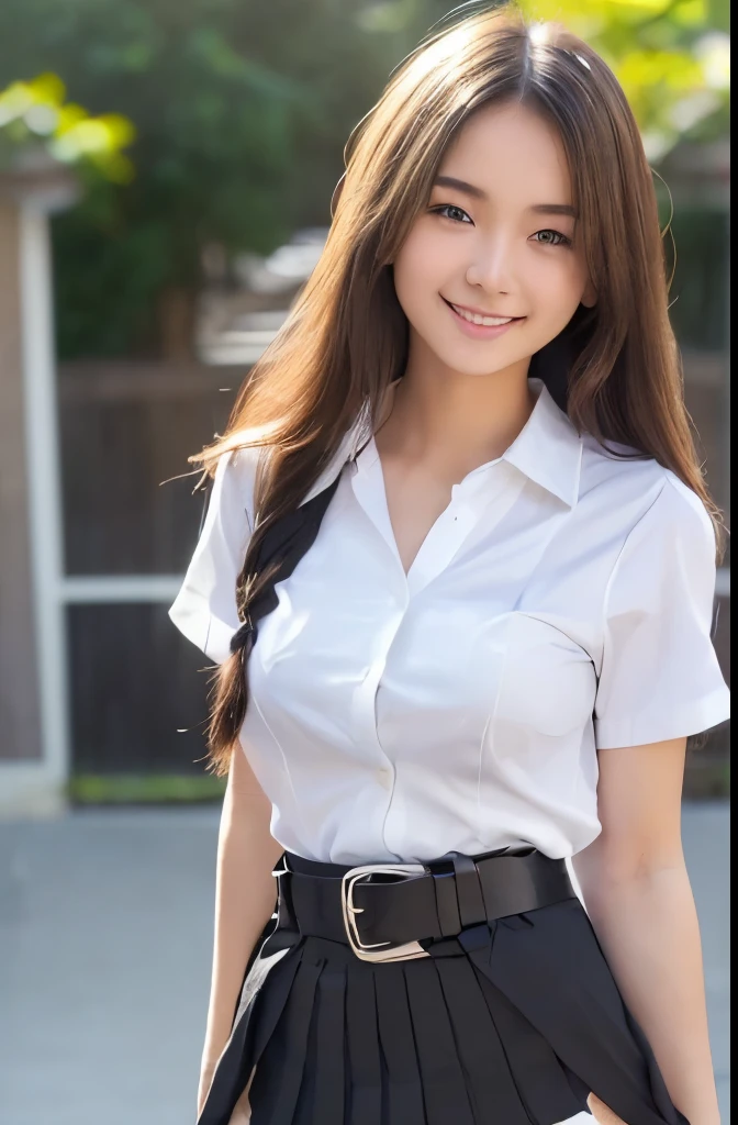 ((masterpiece)),(detailed),(perfect face),(thin),((sexy long legs)),((beautiful legs)),(slim),((boob flash)),((tits slip)),(horny smile),((very sexy emotional face)),((very long hair)),(looking at viewer),(random hairstyles),(blonde hair),((trained body)),((she has summer drama makeup)),((seductive smiling)),(top-quality),(Photo realsitic:1.4),Raw photo,((1 girl)),(((Random hair)),(((Take different poses))),glowy skin,(Happiness:1.2),(she wearing Thai university uniform),((portrait)),(close up shot), ((school uniform black skirt:1.2)), ((she wear white shirt short sleeve and black pleated skirt)),(brown belt), white panty is visible