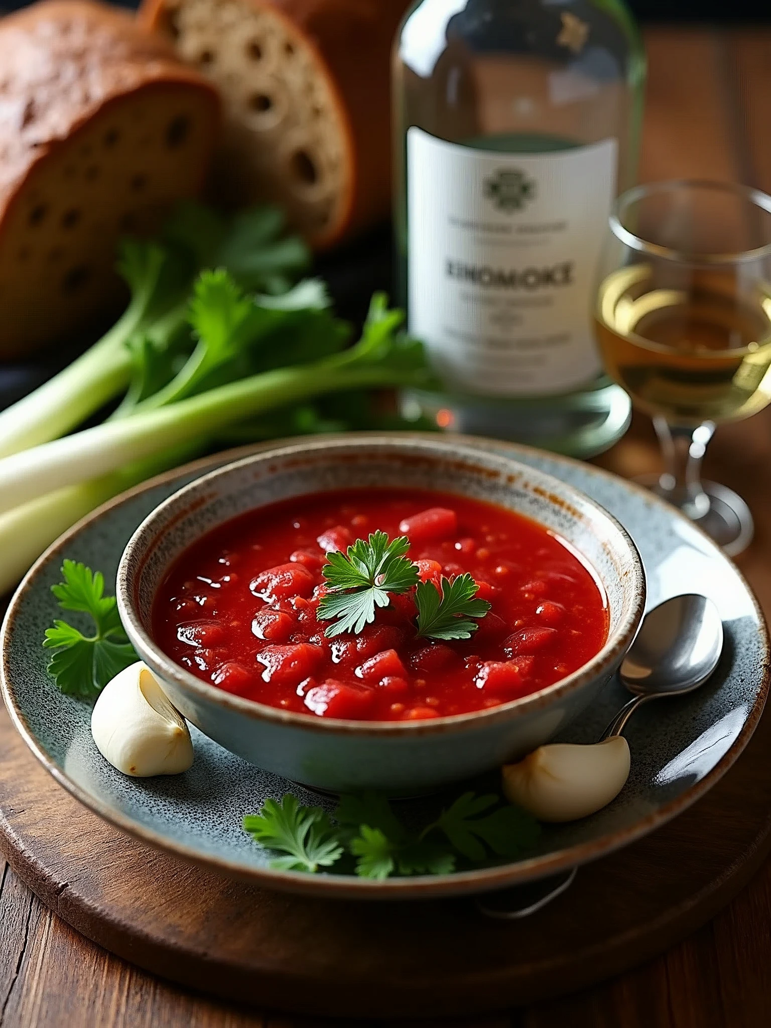 borscht, Borodino bread, sour cream, 2 cloves of garlic, a glass of vodka, green onions with parsley.