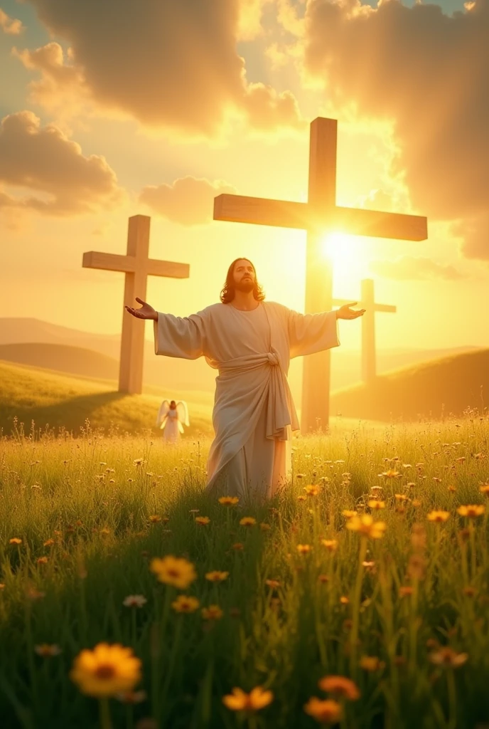 Create a breathtaking and inspirational 16:9 aspect ratio image of Jesus Christ standing in a vast, lush field of green grass and wildflowers. In the background, there should be a large wooden cross, symbolizing His sacrifice. The sun should be either rising or setting, casting a warm, golden glow across the scene, creating a serene and peaceful atmosphere. Jesus should be depicted with a gentle and compassionate expression, wearing traditional robes. A soft halo of light should surround His head, emphasizing His divinity. Surrounding Jesus, there should be several angels with ethereal, glowing wings, adding a sense of heavenly presence. Rays of divine light should emanate from the sky, illuminating the entire scene with a celestial glow. The overall color palette should include warm tones of gold, orange, and soft greens, evoking a sense of hope, peace, and spiritual comfort. This image should be designed for a continuous loop in a video, providing a calming and uplifting visual experience.