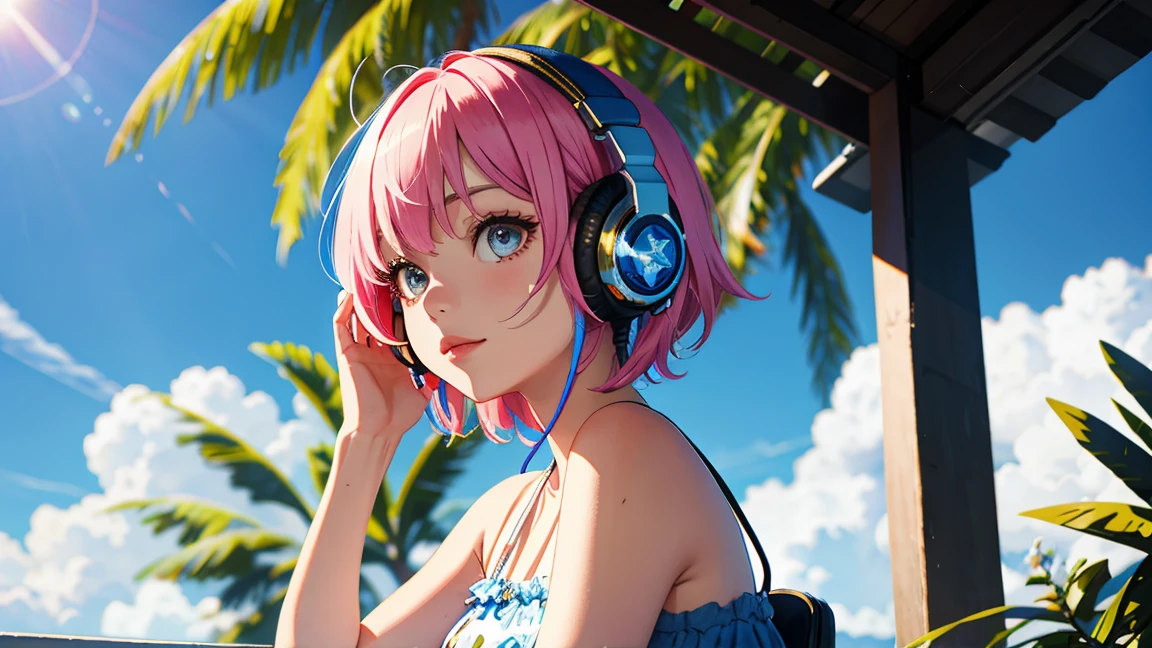 asterpiece, highest quality, Summer costumes, headphones, colorful hair, outdoor,Upper body,Shorthair girl
