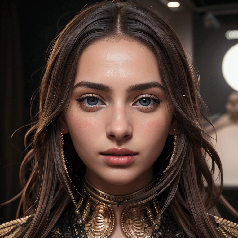RAW photo, a fashion model, walk on runway, steampunk style, (photo-realistic:1.5), (RAW photo, 8k uhd, film grain), extremely delicate and beautiful, highres, sharp focus, extremely detailed, masterpiece, cinematic lighting, (high detailed skin:1.2), dslr, soft lighting, high quality, film grain, Fujifilm XT3