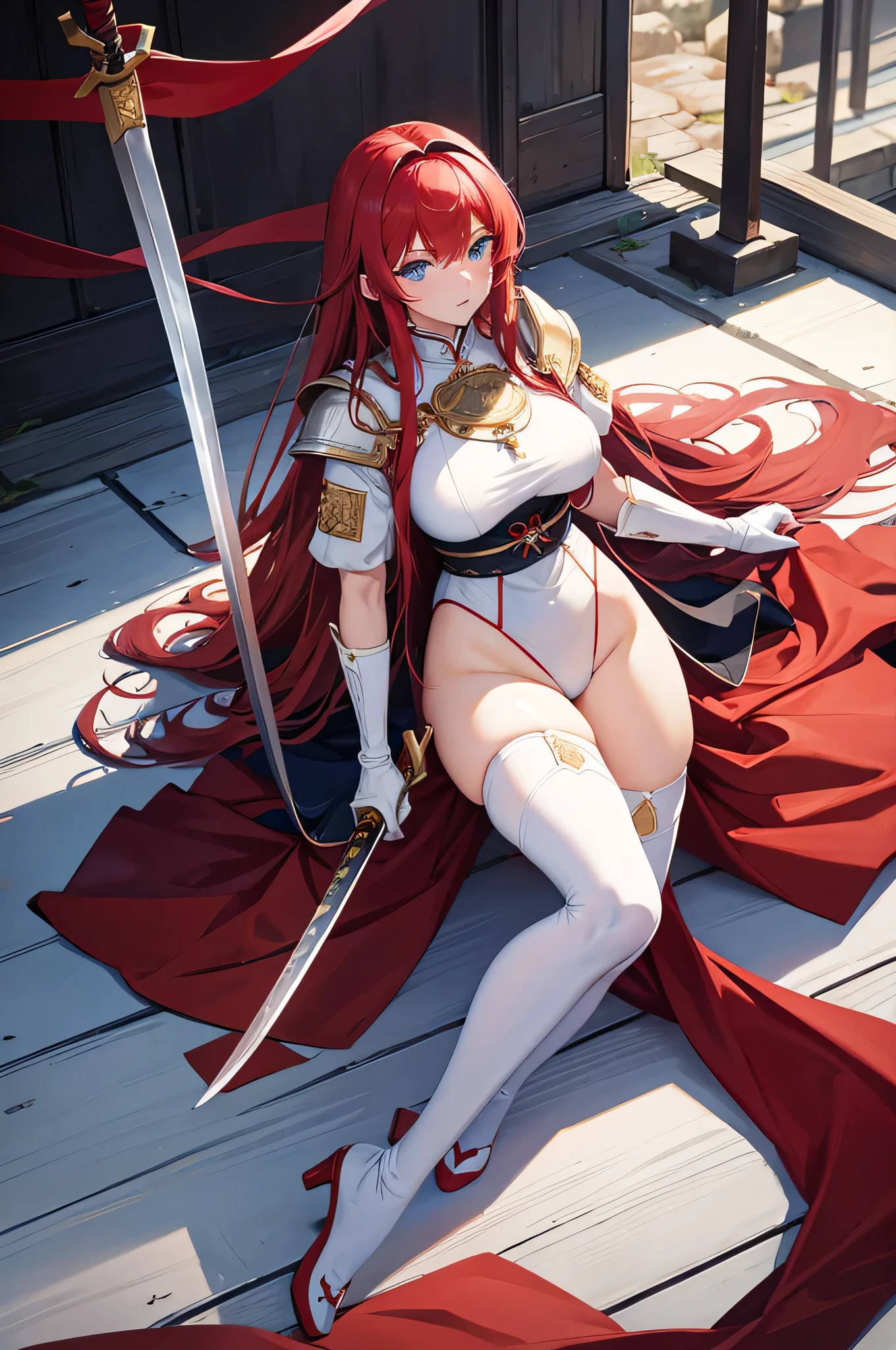 erza scarlet, devil armor, kneeling down, painful face, no panties, perfect body shape, emotional aura, boardsword behind, bleeding legs , milking breast