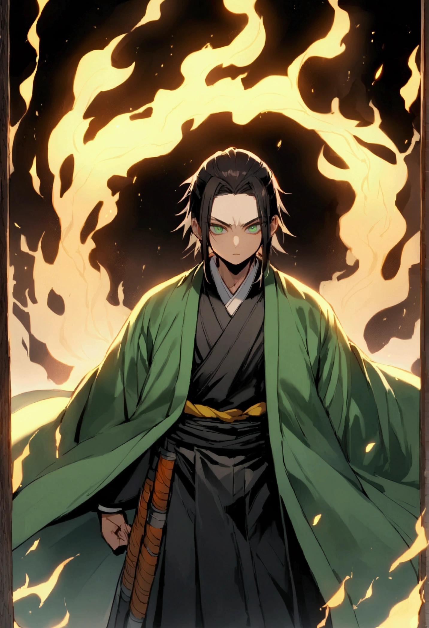 Boy belonging to the black-haired Demon Slayer hashiras,light green eyes,with a green haori 