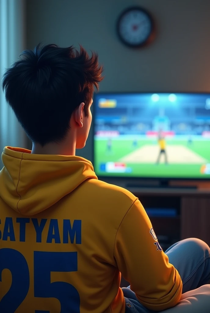 A young men watching India cricket  match in television Ms dhoni , wearing yellow Colour hodie with name satyam and jearsy no 25 with side face showing 