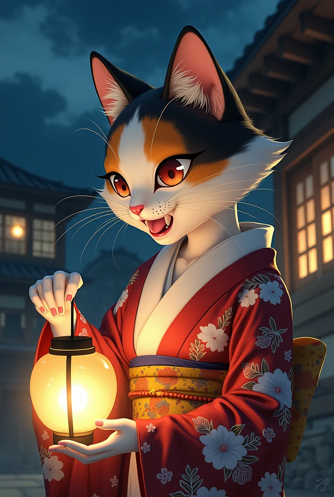 Japanese Yokai、Cat、female_Calico cat wearing traditional Japanese kimono、Night after night, I lick the oil from the lantern、Whisker Pad、Big Breasts、Sticking out tongue、smile、Traditional Japanese House、Detailed facial features、Beautifully detailed eyes、Beautifully detailed mouth、detailed fur texture、Very detailed、Ethereal、Shine、mysterious、Fantasy、Ukiyo-e style、Bright colors、Dramatic lighting、Digital Painting、8k、high quality