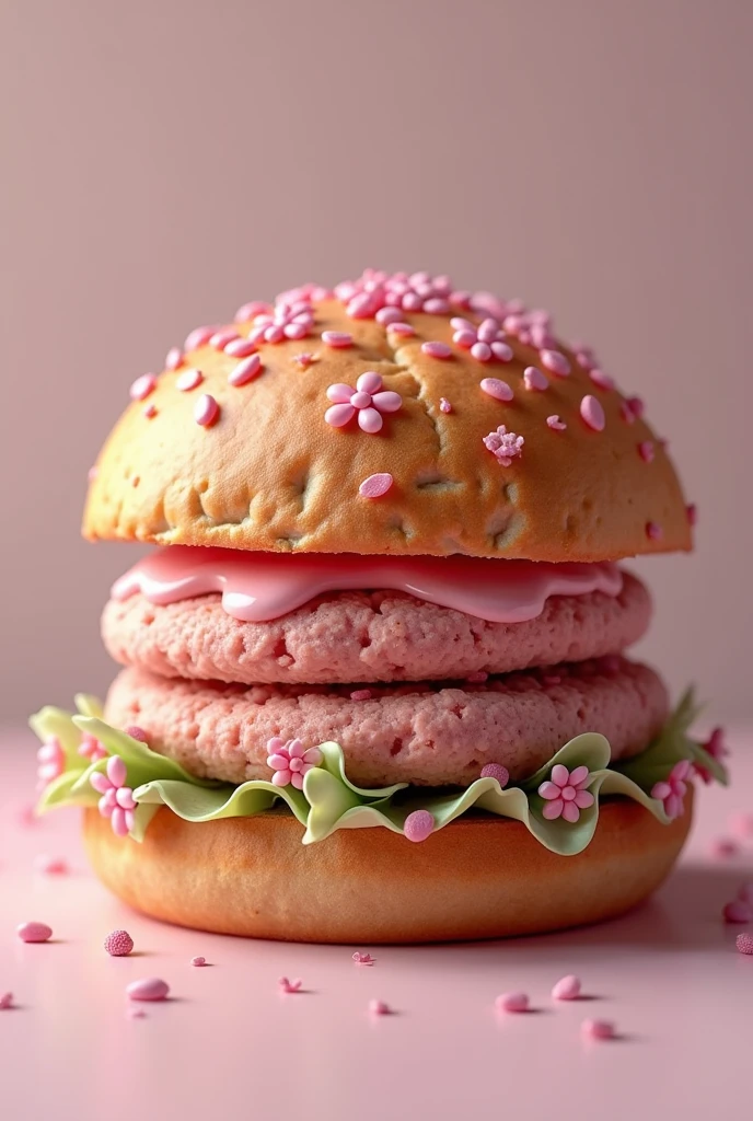 Realistic burger also make rose sauce, pink chicken instead of meat and flowery bread