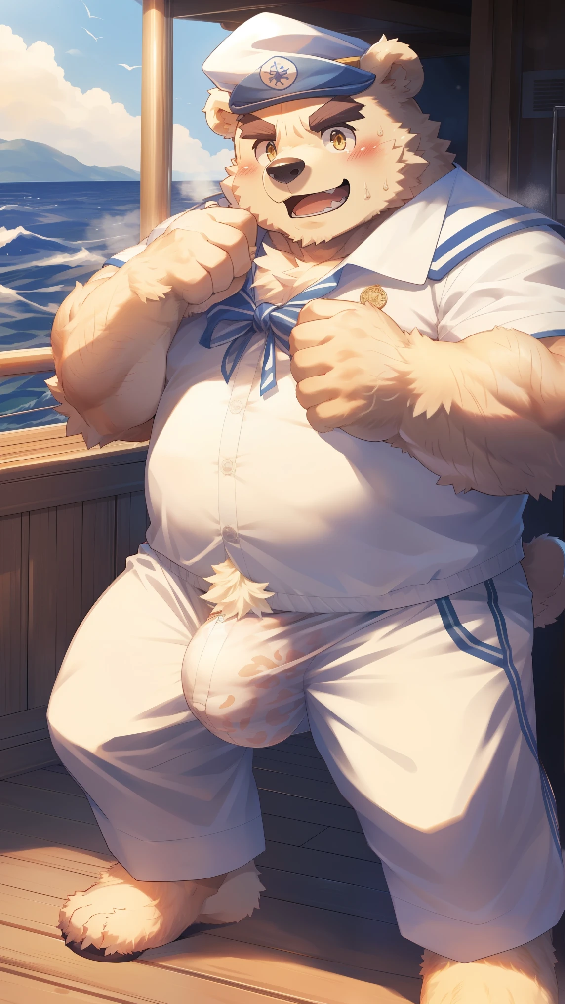 (Vision:1.5), solitary, anthropology, hairy, hairy male, Bear, ((Fluffy fur, Fluffy, hairy body)), (bear print), (Thick eyebrows), youth, muscular, big胸肌, White fur, Golden pupils, defaced face,  ( Detailed long and thick veiny crotch bulge:1.4), big, big, fundos, sailor, 蓝白条纹sailor服, White beret, On board, Sailing, sideways, Shy expression, Smile, blush, Sweat,  (Dynamic poses:1.5), Clear facial features, Strong, majestic, Solo, panoramic, Fog atmosphere, early morning, Tyndall light effect, On deck, early morning的阳光, (By Empty Ghost, From bear20, masterpiece, high quality, high resolution,8k)
