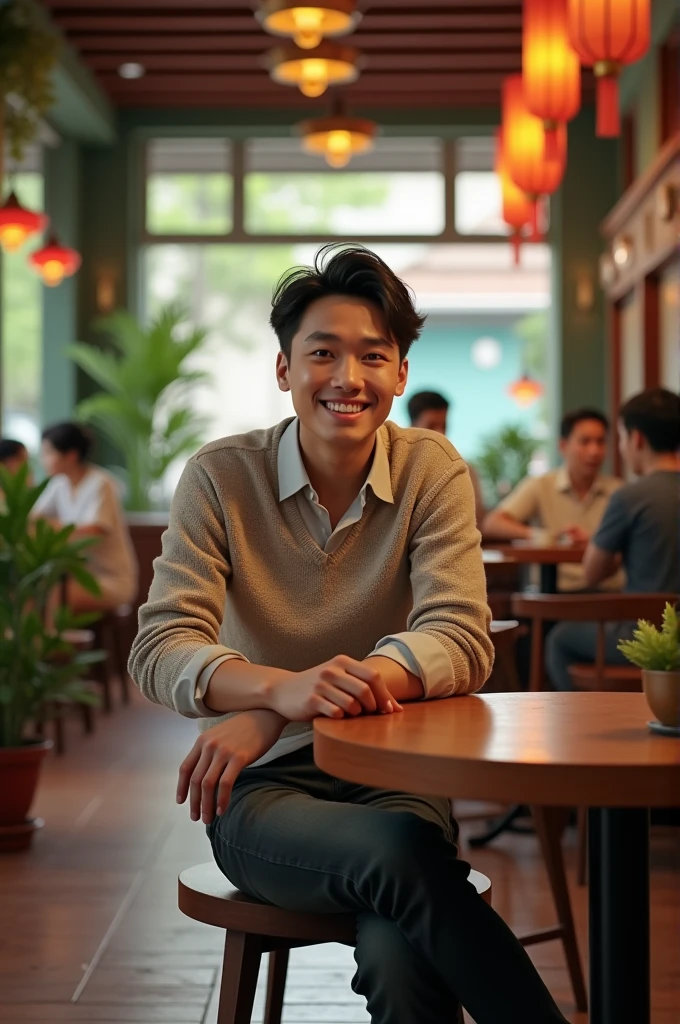 1 A smiling 20 year old Vietnamese man wearing long pants, shirt and sweater is sitting and posing for the camera in a Vietnamese coffee shop