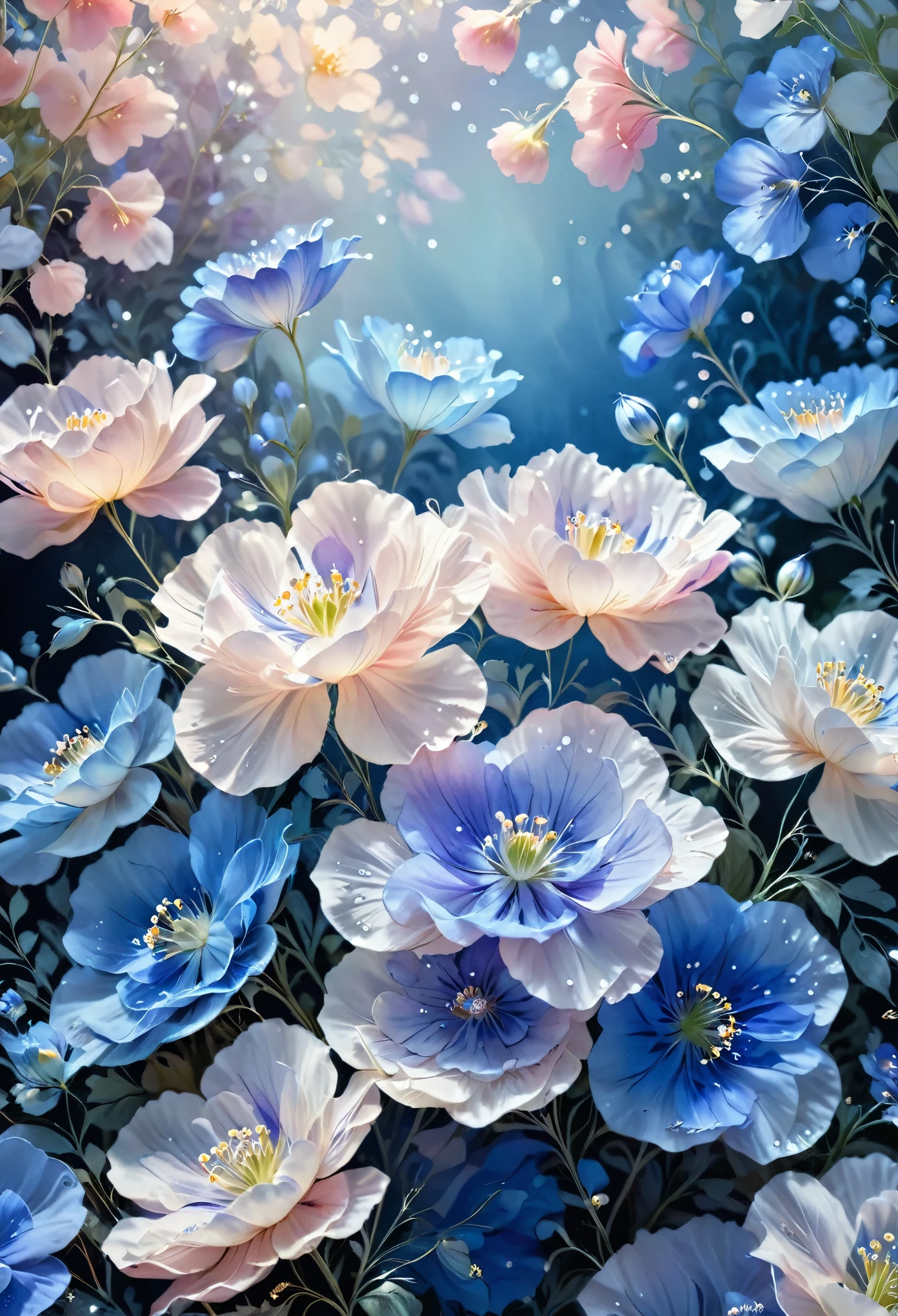 feminine,High detail and quality、，(((No people)))、8K Ultra HD、3d、,More complete repo ring、Flower Field、((Nemophila)),Seamless patterns、Neutral pastel colors,神秘的なオフwhiteの世界,Cloth Art、Art Station、A detailed pastel design combining magic and fantasy、splash、Wallpaper design aesthetics、whiteトーン、Realistic、super Realistic、Full color and impressive、Nemophila、 art,4K、Fantasy art, white、light blue、blue、White background、A dreamscape based on white and blue,Sparkling,shine