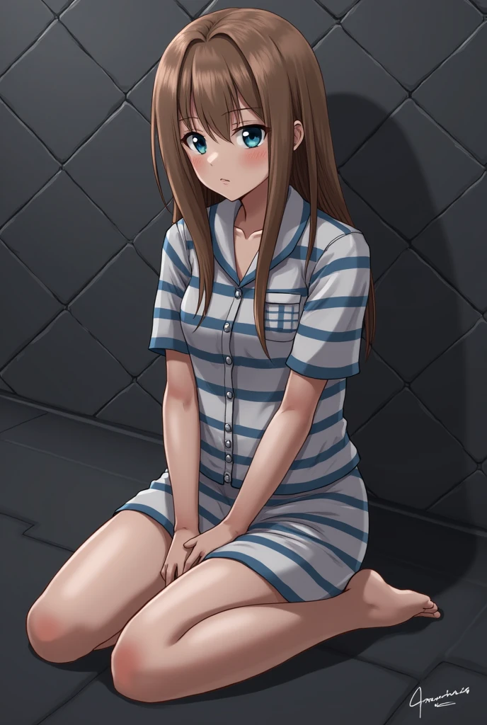 (masterpiece), (best quality), (ultra highres),
1girl, suki, brown hair, blue eyes,
prison clothes, prisoner, 
sitting, bored,naked
