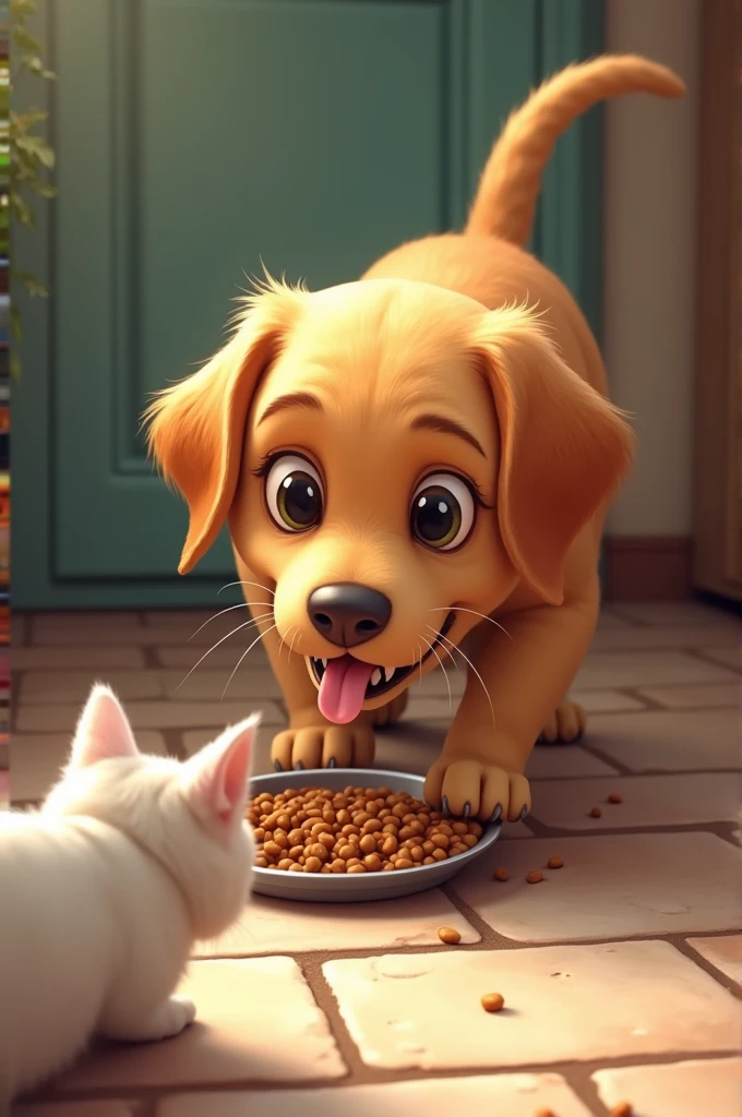 Dog eating cat food