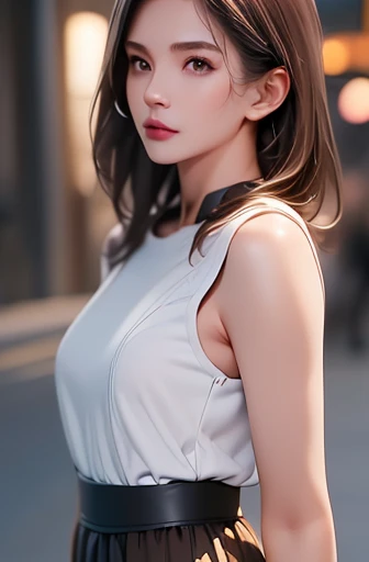 (((best quality))),1 female,slender face,(((arms behind))),(((cool beauty))),Black Hair,Brown Eyes,medium hair,straight hair,small breasts,looking at viewer,25 years old,No pubic hair,Height: 160cm,(full body),blouse,Standing in a busy street at night,mini skirt,Provocative look