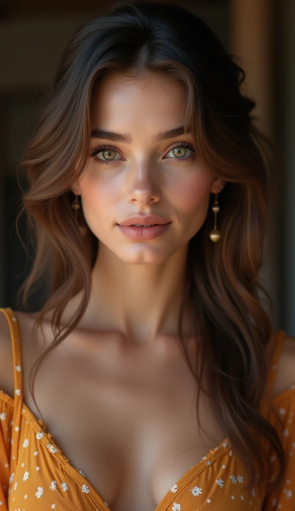 beautiful 20 year old brunette girl, detailed face, long eyelashes, beautiful lips, looking forward, hyper-realistic, photorealistic, 8k, high resolution, high quality, detailed skin, detailed hair, detailed clothing, detailed background, natural lighting, soft lighting, warm color tones, intricate details, cinematic composition, elegant, stylish, influencer