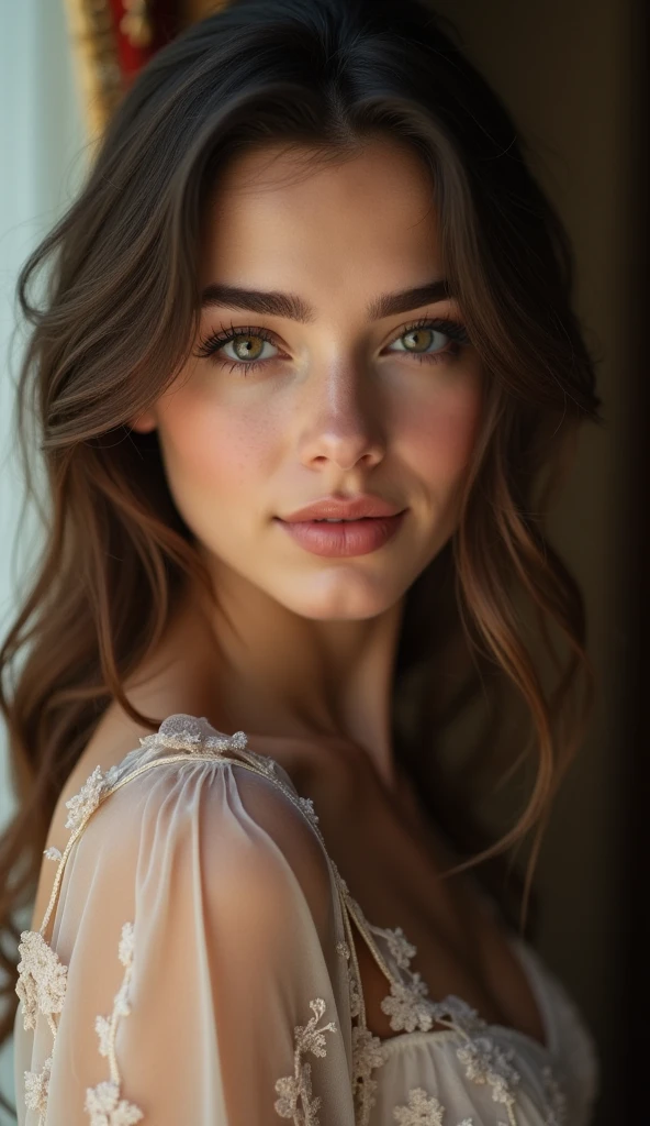 beautiful 20 year old brunette girl, detailed face, long eyelashes, beautiful lips, looking forward, hyper-realistic, photorealistic, 8k, high resolution, high quality, detailed skin, detailed hair, detailed clothing, detailed background, natural lighting, soft lighting, warm color tones, intricate details, cinematic composition, elegant, stylish, influencer