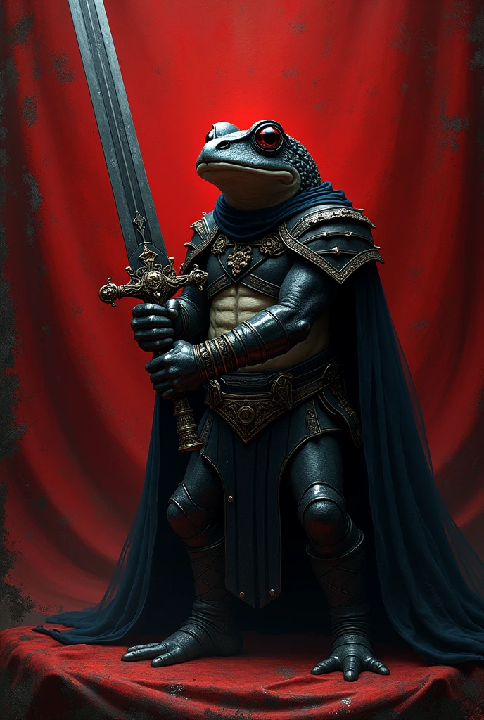 On a banner a coat of arms can be seen this coat of arms shows a black toad on a dark red background , the toad carries a long sword