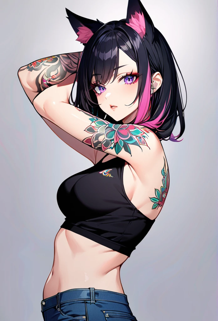 1woman, black hair with pink tips,kitsune ears, purple eyes, wearing white jacket, black top, blue jeans, tattoo on arms, colorful tattoos, showing body, sexy pose
