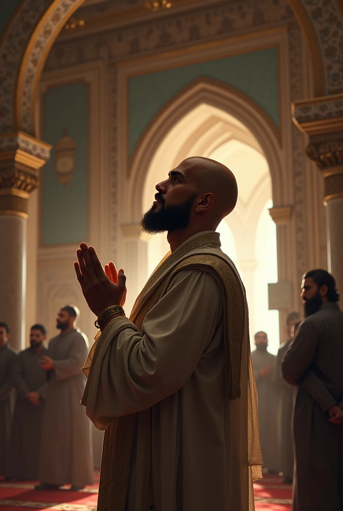 "A high-resolution, lifelike image of a young bald man with a masculine build, wearing a taqiyah, performing a prayer to Allah in the interior of a mosque in America with many people