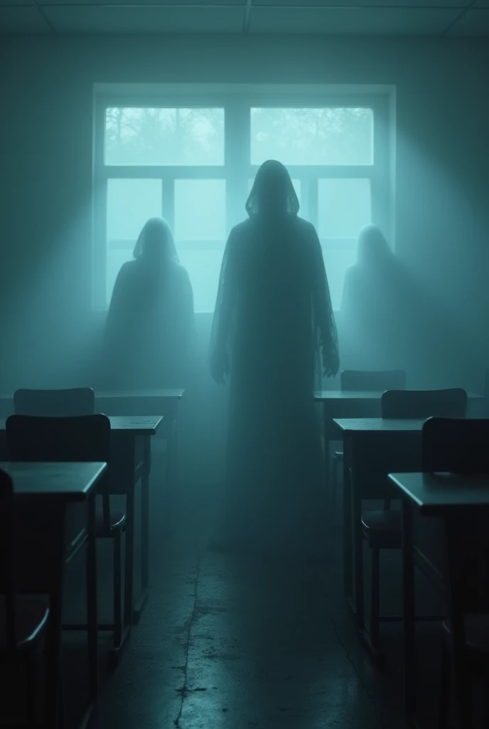 Paranormal activity in the dark foggy haunted classroom