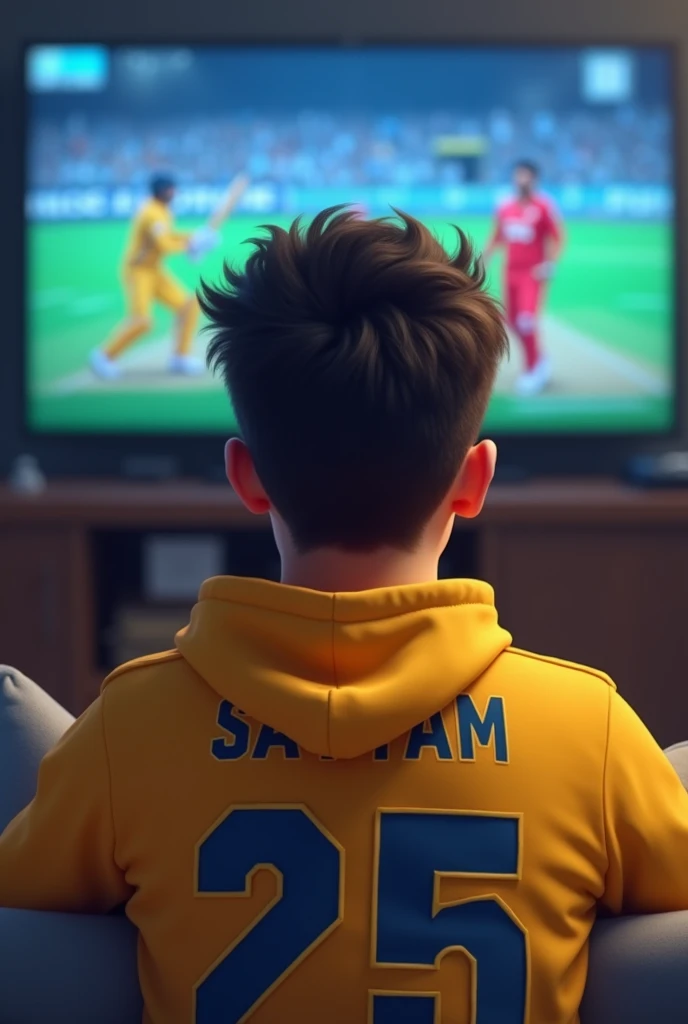 A young men watching India cricket match in television Ms dhoni , wearing yellow Colour hodie with name satyam and jearsy no 25 with full face showing