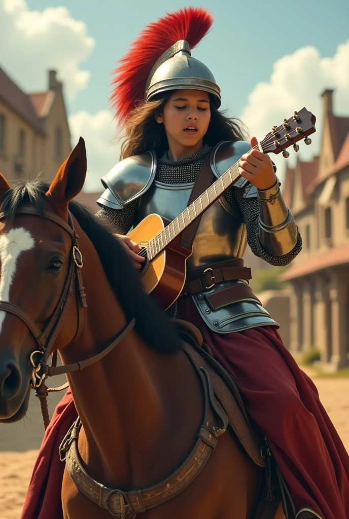 An indigenous teenager in knight&#39;s armor singing passionately with the guitar in a magical town on a horse

